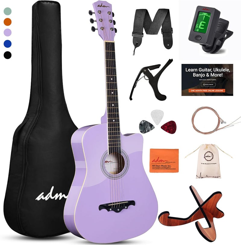 ADM 38" Inch Acoustic Guitar Bundle for Beginners Adults with Online Lesson, Cutaway Wood Acustica Guitarra Starter Set Package with Gig Bag, Strap, Steel Strings, Picks, Capos, Stand, Purple 1 - Image 1